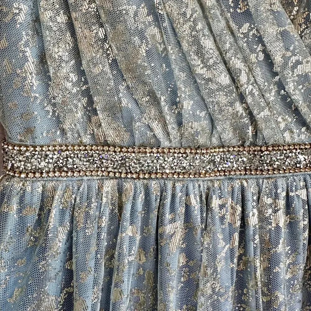 Teeze Me Metallic Foil Pleated V-Neck Gown From David's Bridal Light Blue Sz 5 - Picture 8 of 16